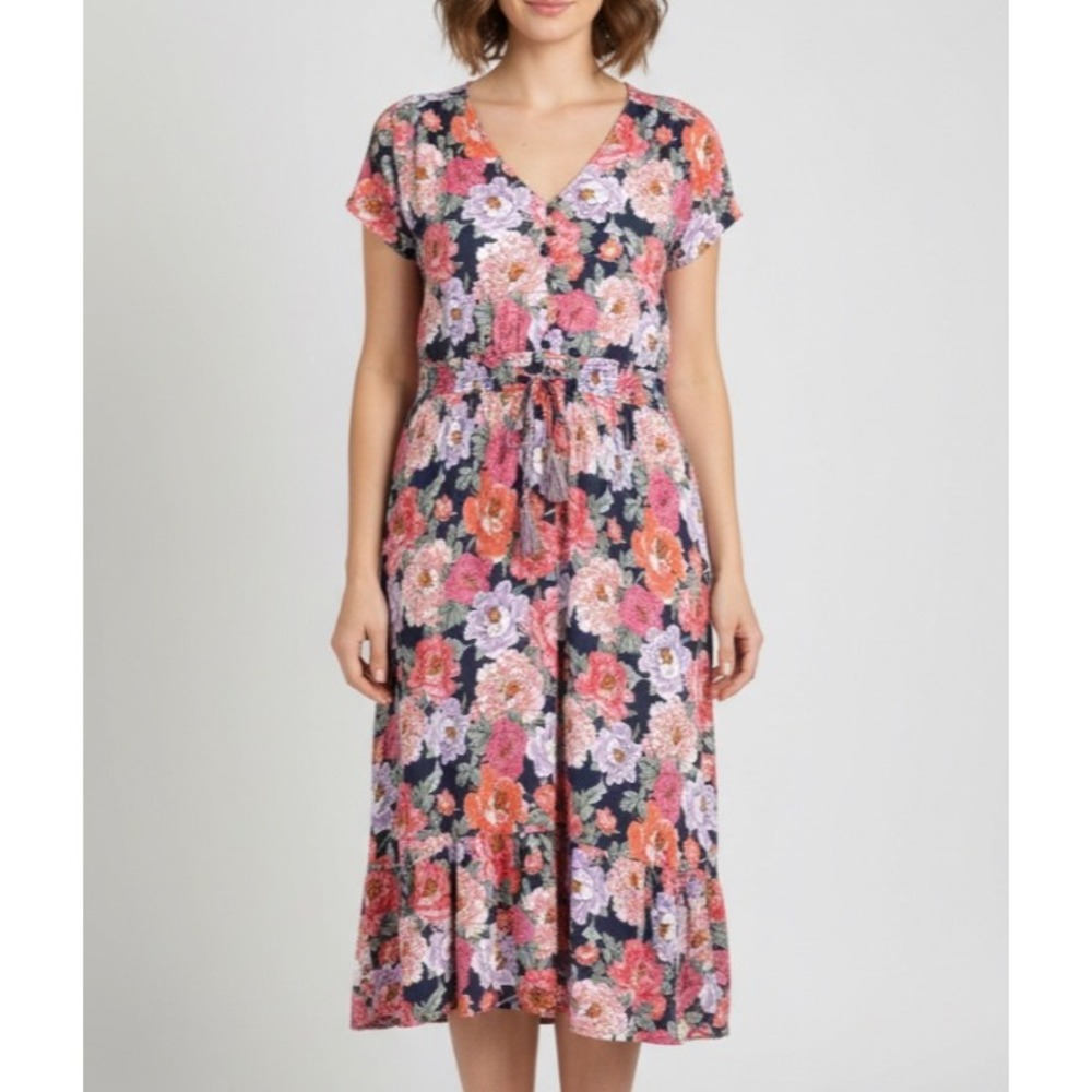 KNOX ROSE Navy/Multi CREPE Smock Waist FLORAL Button-Down HIGH-LOW Midi Dress M